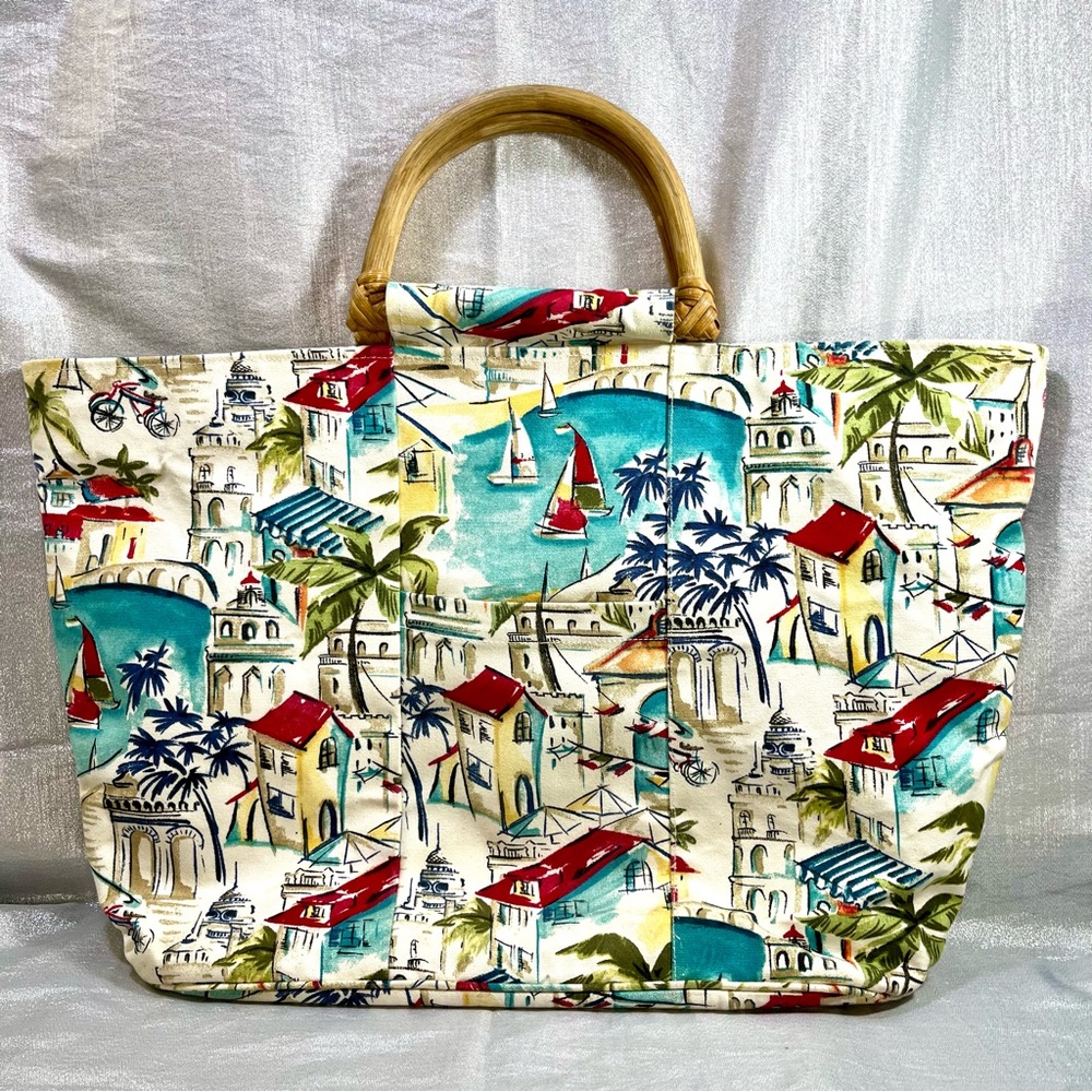 Pottery Barn Euro Multicolor Print Tropical Large Beach Tote Bag Bamboo Handles
